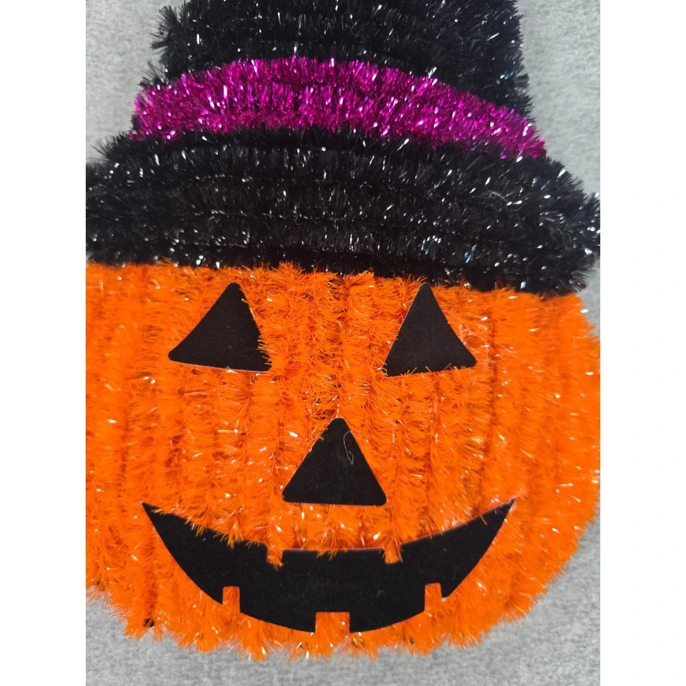Vintage Y2K Pumpkin Wall Hanging Orange Halloween Tinsel Witch Hat Decor 14